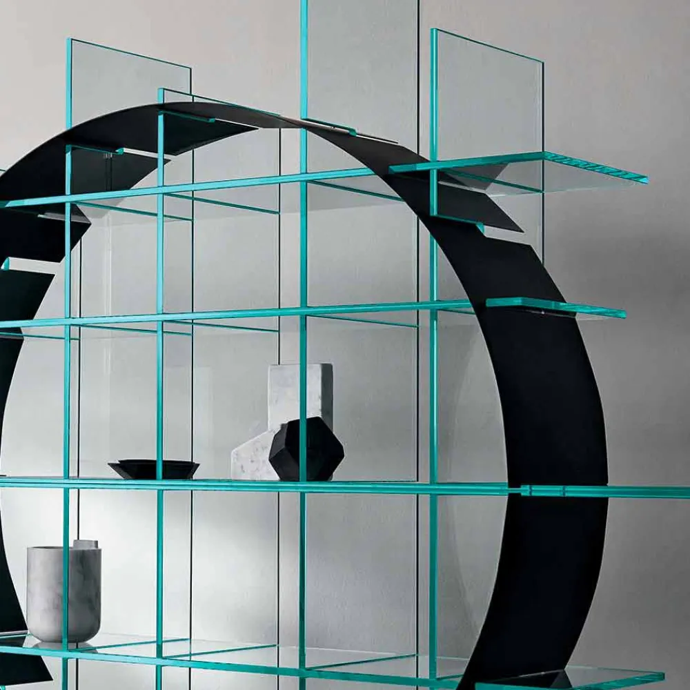Viadurini Living Moderne Design Bücherregale-Freistehendes Circle Bücherregal aus extraklarem Glas und gebürstetem Schwarz - Marco