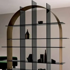 Viadurini Living Moderne Design Bücherregale-Freistehendes gewölbtes Bücherregal aus Rauchglas und gebürstetem Bronze-Design - Marco