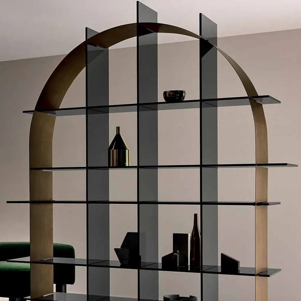 Viadurini Living Moderne Design Bücherregale-Freistehendes gewölbtes Bücherregal aus Rauchglas und gebürstetem Bronze-Design - Marco