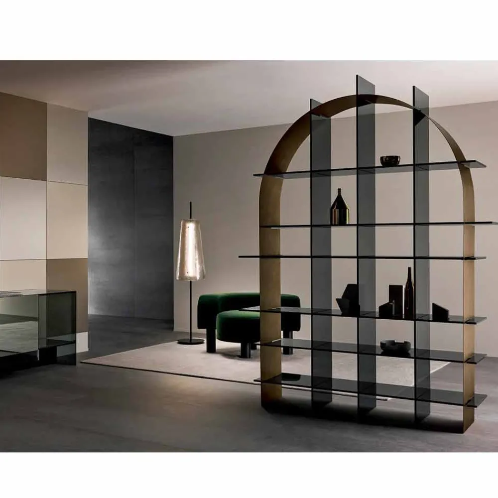 Viadurini Living Moderne Design Bücherregale-Freistehendes gewölbtes Bücherregal aus Rauchglas und gebürstetem Bronze-Design - Marco