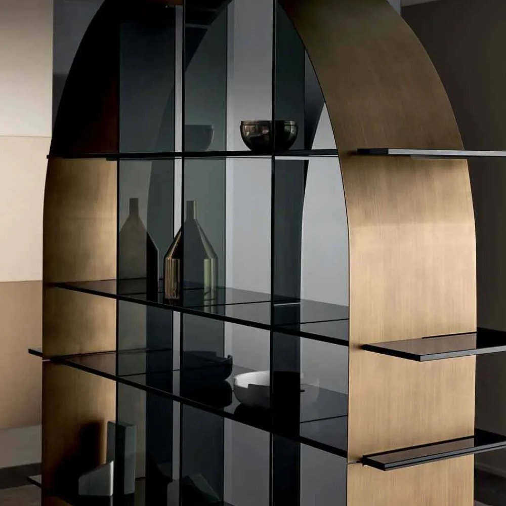 Viadurini Living Moderne Design Bücherregale-Freistehendes gewölbtes Bücherregal aus Rauchglas und gebürstetem Bronze-Design - Marco