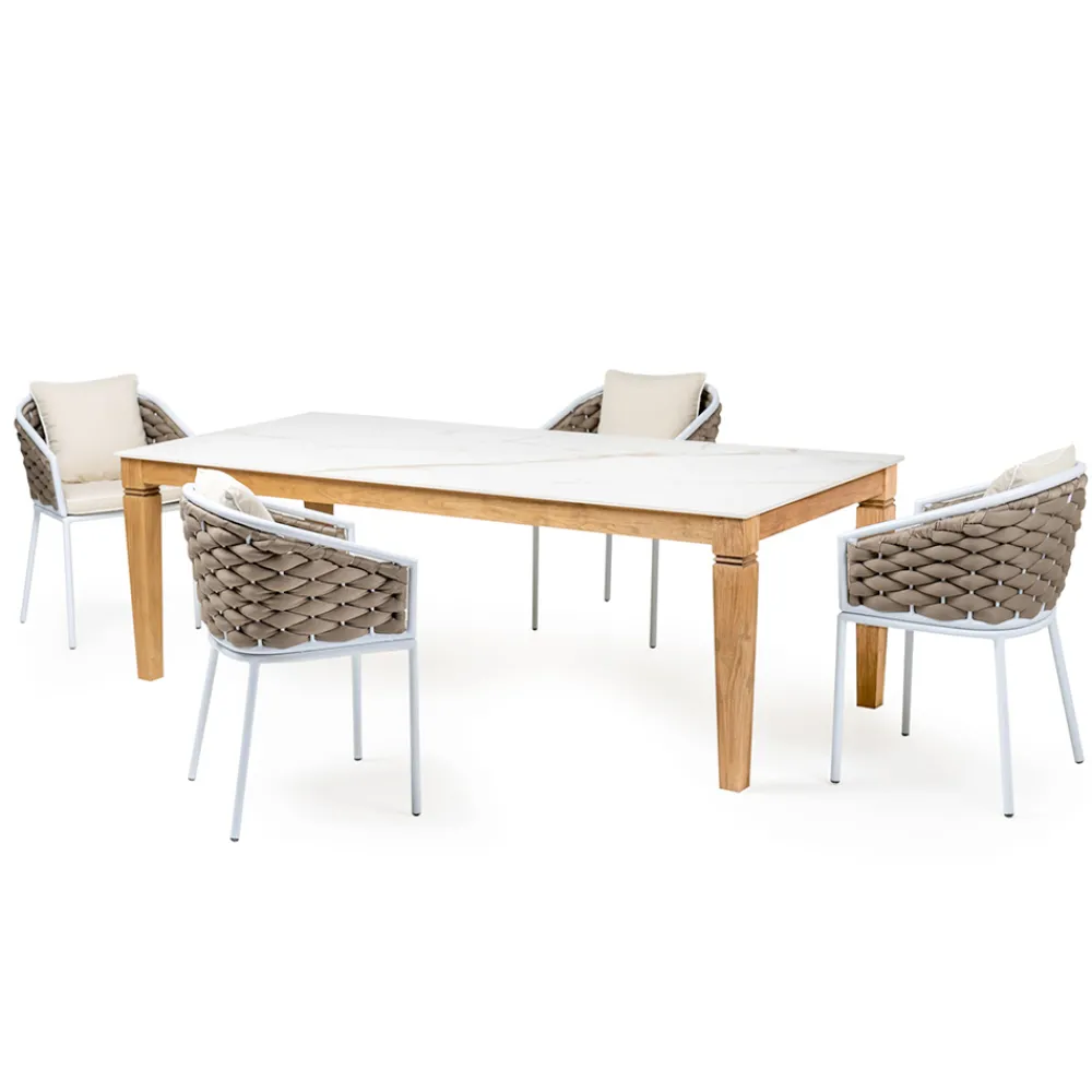 Viadurini in the Garden Gartentische Aus Teakholz-Gartentisch mit 4 Stühlen aus Aluminium und Flechten - Artes