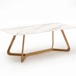 Viadurini in the Garden Gartentische Fest|Gartentische Aus Teakholz-Gartentisch mit Holzsockel und Calacatta-Goldkeramikplatte - Infinity