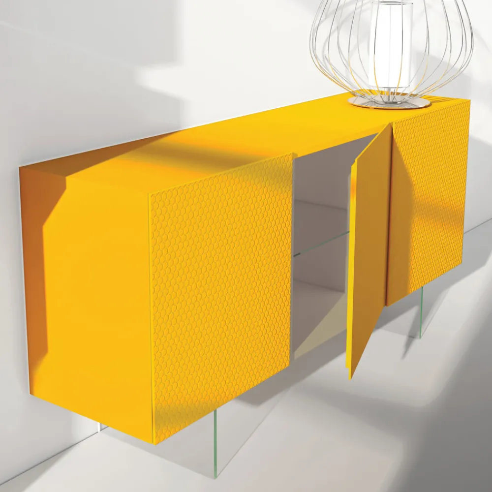 Viadurini Living Sideboards-Gelb lackiertes MDF-Sideboard mit 3 Türen und Glasfüßen Made in Italy - Ciara