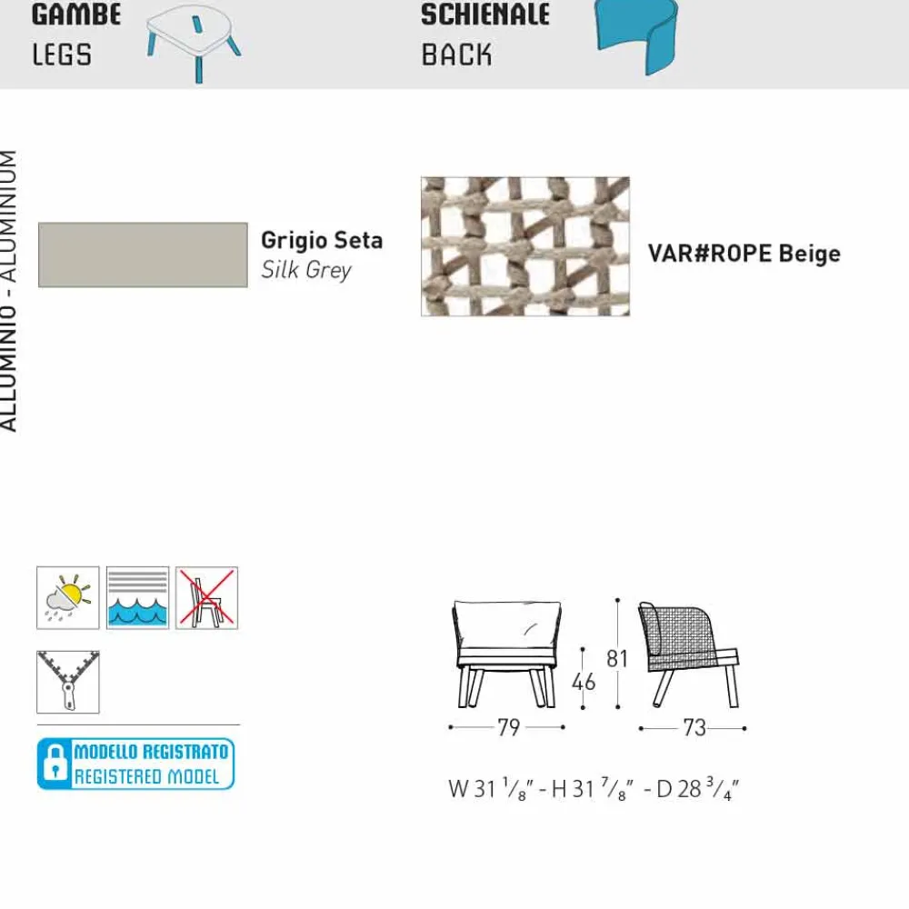 Varaschin Stoffsessel-Gepolsterter Outdoor-Sessel aus Metall und Stoff Emma