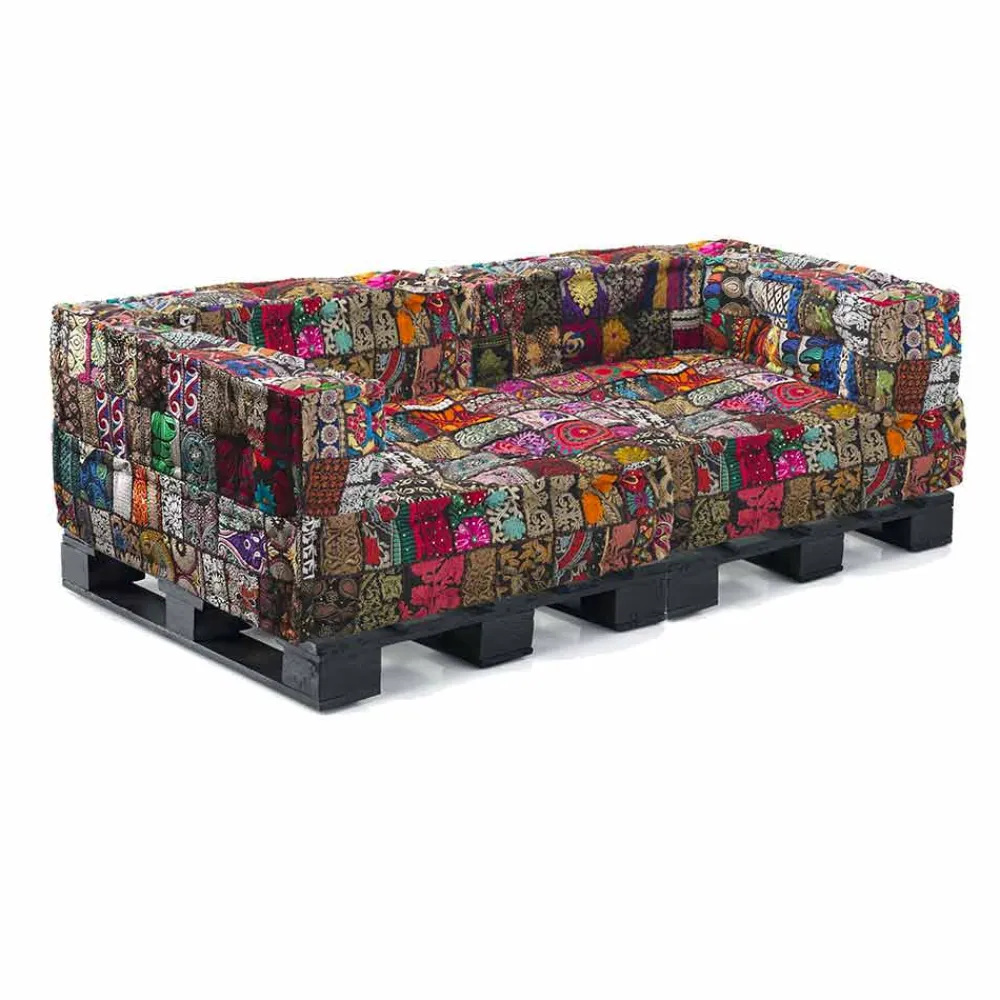 Viadurini Italian Sofas Moderne Sofas-Gepolstertes Zweisitzer-Ethnosofa aus Patchworkstoff und Holzfaser