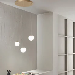 Viadurini Lighting Moderne Kronleuchter-Goldfarbener Kronleuchter aus lackiertem Metall mit 3 LEDs und optionalem Glas – Buche