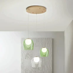 Viadurini Lighting Moderne Kronleuchter-Goldfarbener Kronleuchter aus lackiertem Metall mit 3 LEDs und optionalem Glas – Buche