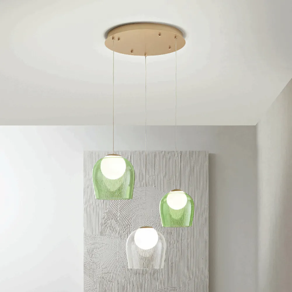 Viadurini Lighting Moderne Kronleuchter-Goldfarbener Kronleuchter aus lackiertem Metall mit 3 LEDs und optionalem Glas – Buche