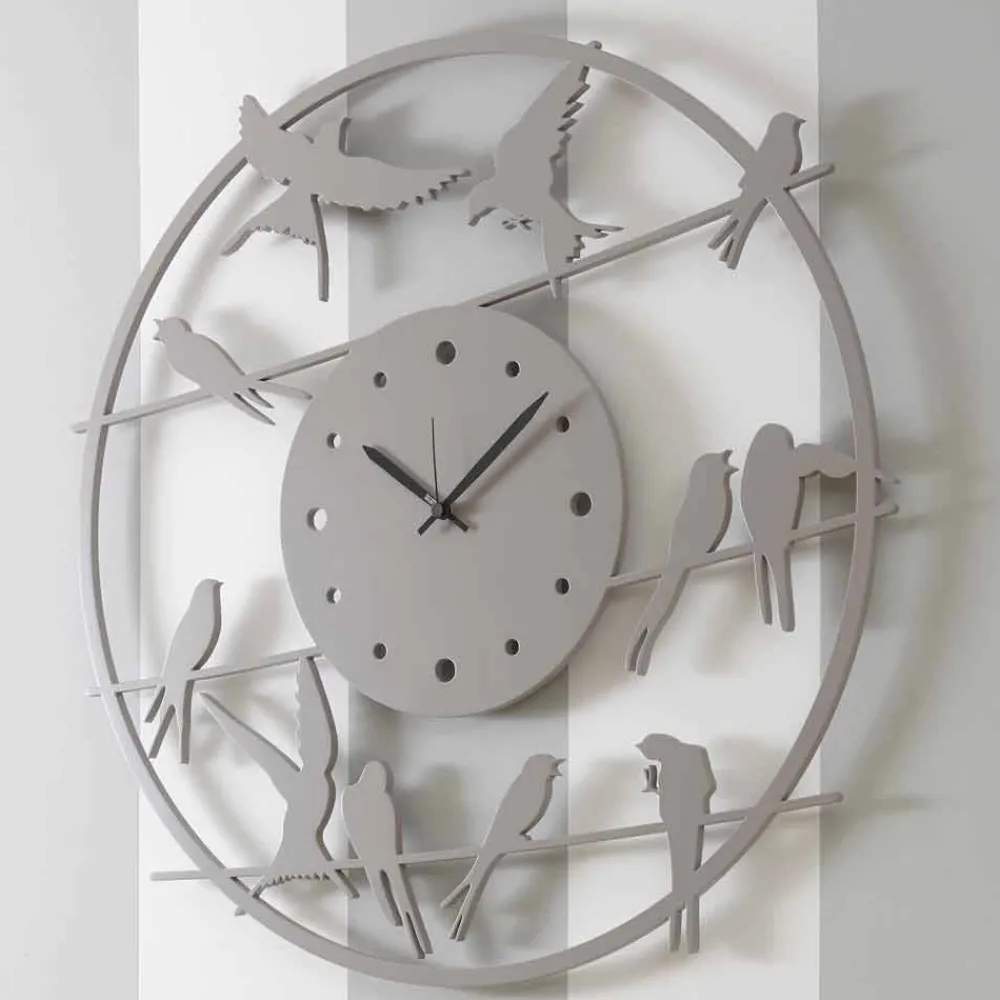 Viadurini Time Design Wanduhren-Große moderne Design Wanduhr in farbigem Rundholz - Vögel
