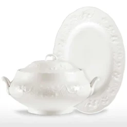 Viadurini Kitchen Küchenzubehör-Große Terrine und Tablett in weißem Porzellan verziert - Gimignano