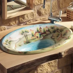 Viadurini Bathroom Waschbecken Aus Fire Clay-Halbeinbauwaschbecken aus Schamott mit Landschaft von Deruta, hergestellt in Italien – Principe