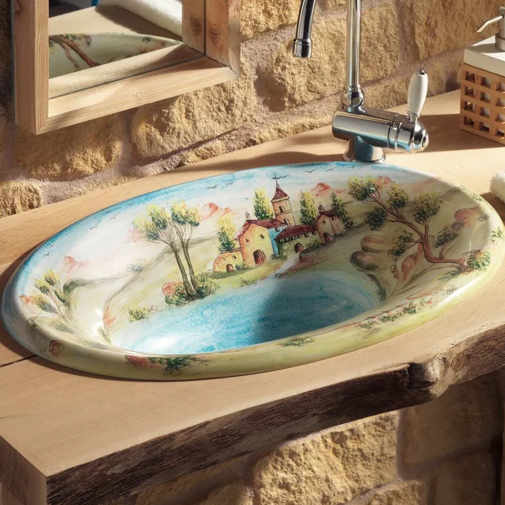 Viadurini Bathroom Waschbecken Aus Fire Clay-Halbeinbauwaschbecken aus Schamott mit Landschaft von Deruta, hergestellt in Italien – Principe
