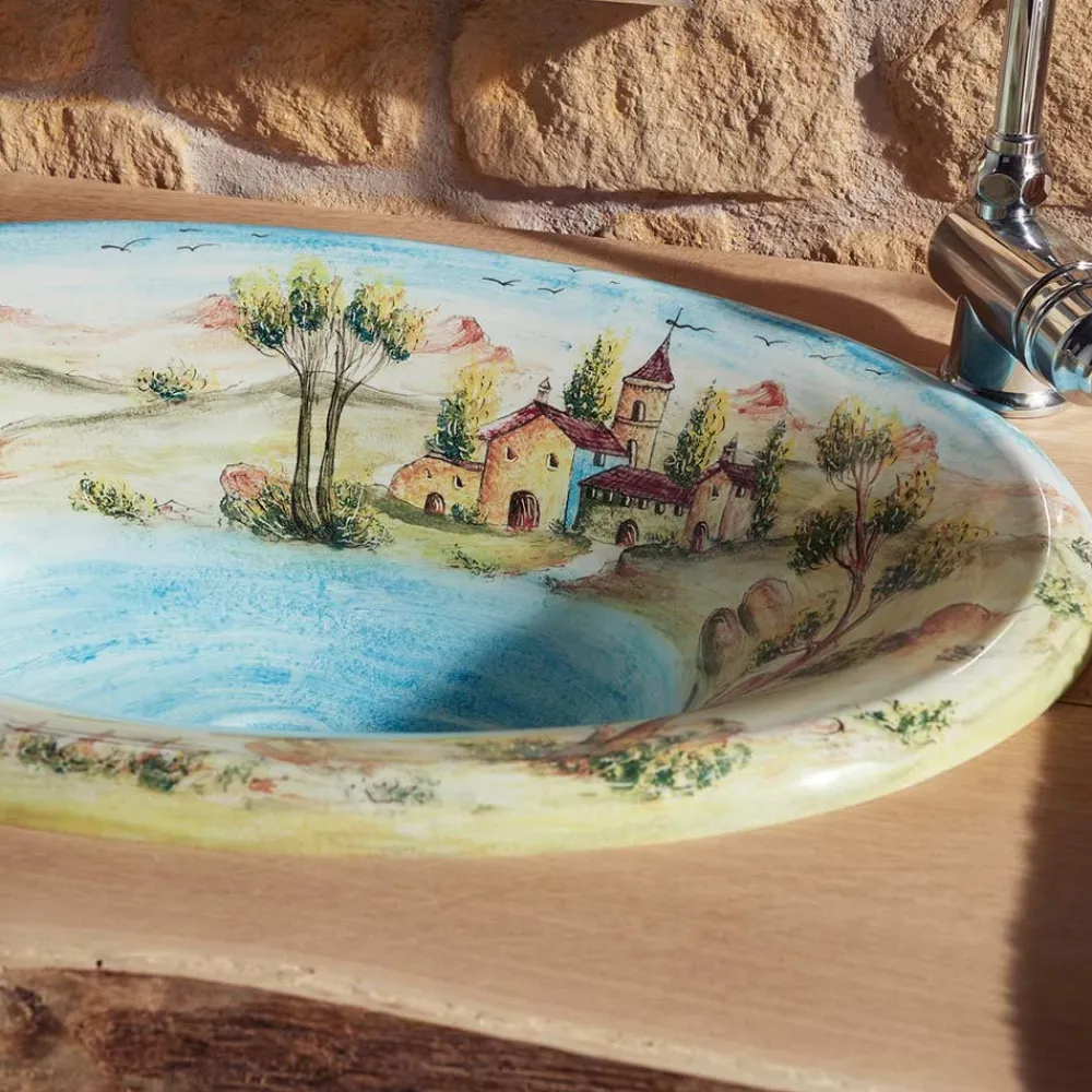 Viadurini Bathroom Waschbecken Aus Fire Clay-Halbeinbauwaschbecken aus Schamott mit Landschaft von Deruta, hergestellt in Italien – Principe