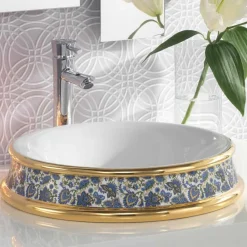 Viadurini Bathroom Waschbecken Aus Fire Clay-Halbeinbauwaschbecken aus fire clay und 24k Gold handgemacht in Italien, Manilo