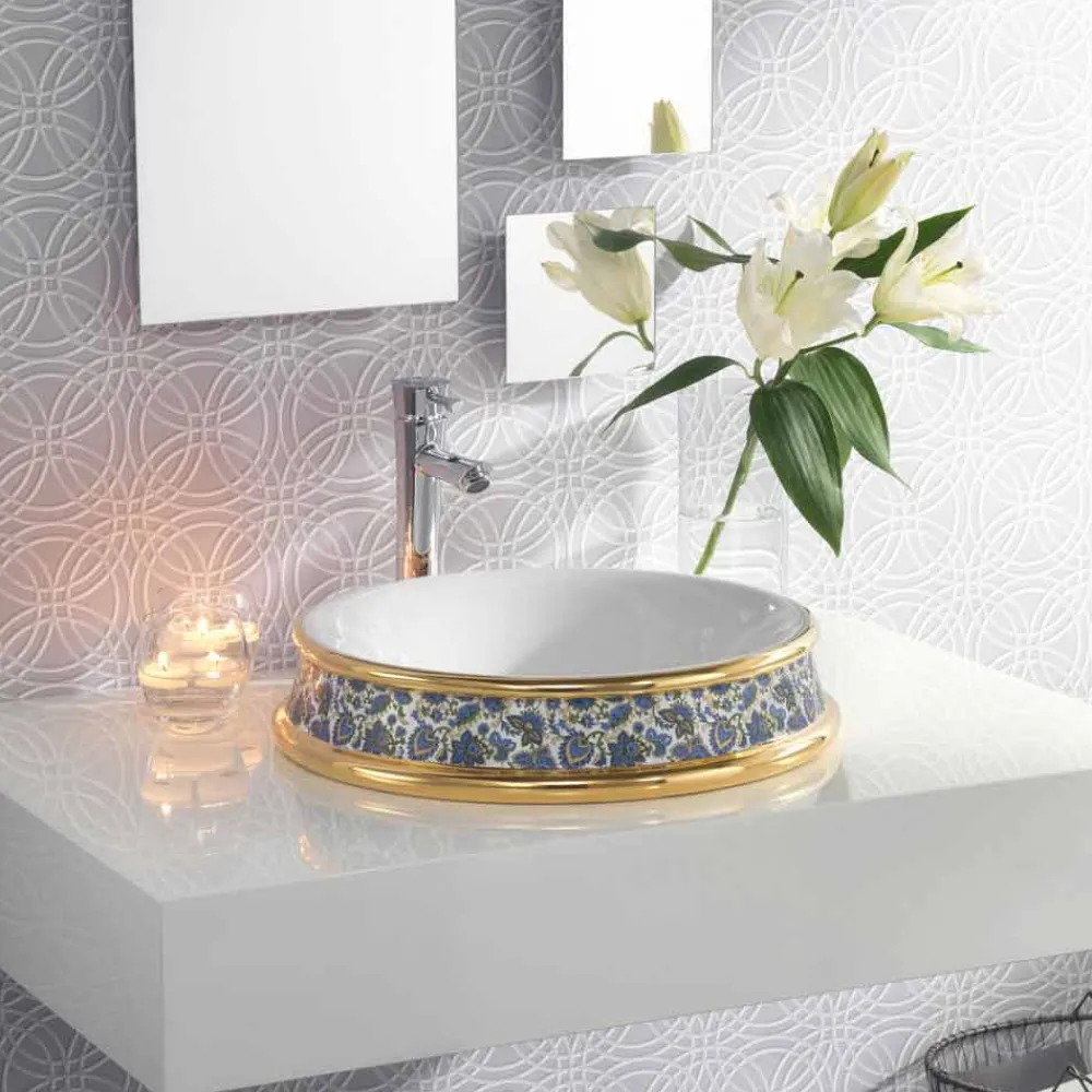 Viadurini Bathroom Waschbecken Aus Fire Clay-Halbeinbauwaschbecken aus fire clay und 24k Gold handgemacht in Italien, Manilo