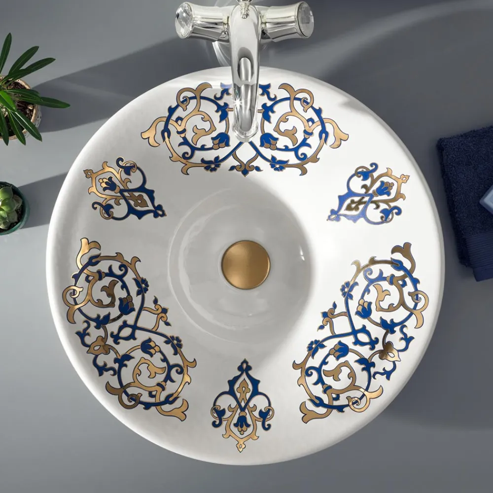 Viadurini Bathroom Waschbecken Aus Fire Clay-Halbeinbauwaschbecken mit Kobaltblau- und Gold- oder Golddekorationen, hergestellt in Italien – Capatosta