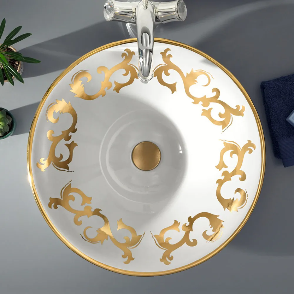 Viadurini Bathroom Waschbecken Aus Fire Clay-Halbeinbauwaschbecken mit Kobaltblau- und Gold- oder Golddekorationen, hergestellt in Italien – Capatosta