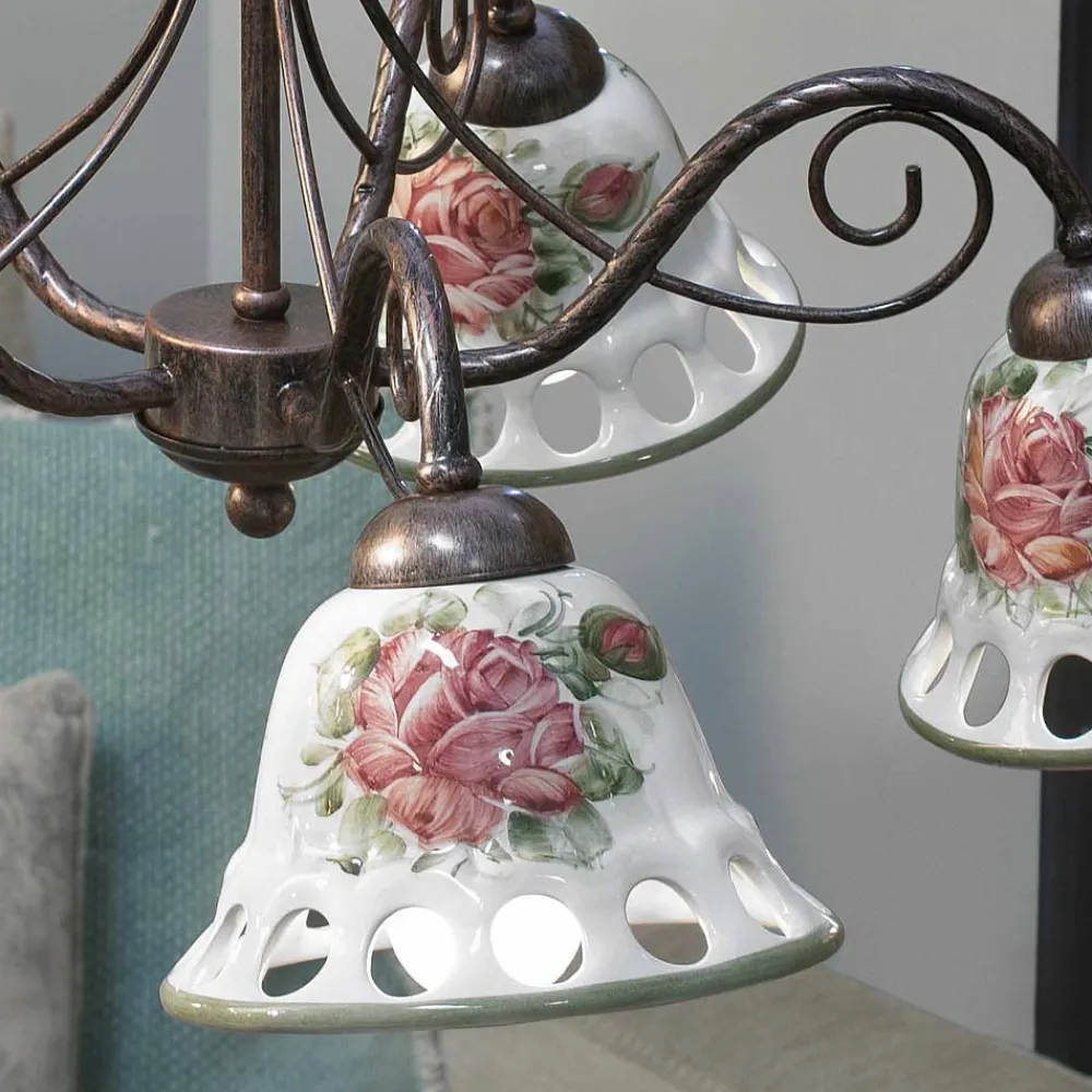 Ferroluce Vintage Kronleuchter-Handgefertigter 3- oder 5-flammiger Keramik-Kronleuchter mit Passanastri - Neapel