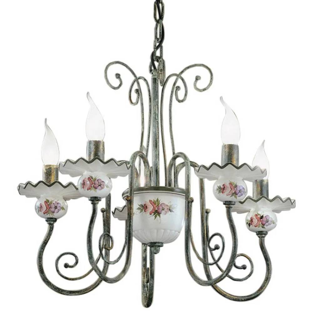 Ferroluce Vintage Kronleuchter-Handwerklicher Keramik-Kronleuchter mit Handdekor und antikem Messing - Sanremo