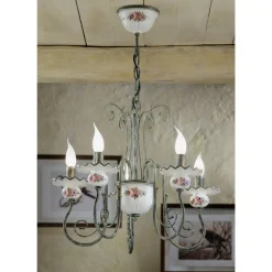 Ferroluce Vintage Kronleuchter-Handwerklicher Keramik-Kronleuchter mit Handdekor und antikem Messing - Sanremo