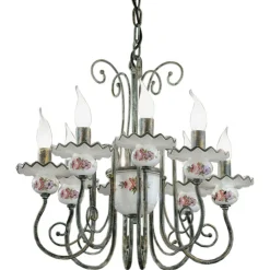 Ferroluce Vintage Kronleuchter-Handwerklicher Keramik-Kronleuchter mit Handdekor und antikem Messing - Sanremo