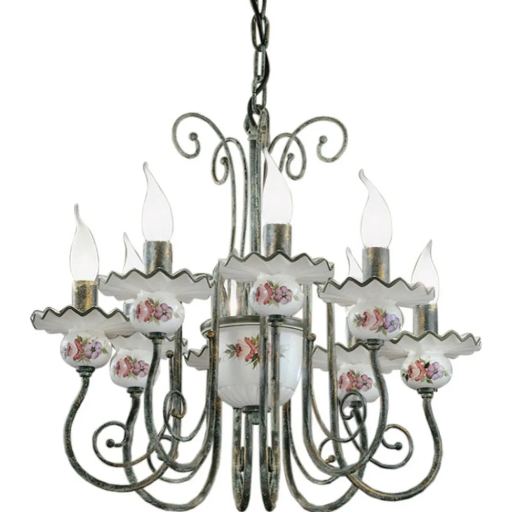 Ferroluce Vintage Kronleuchter-Handwerklicher Keramik-Kronleuchter mit Handdekor und antikem Messing - Sanremo