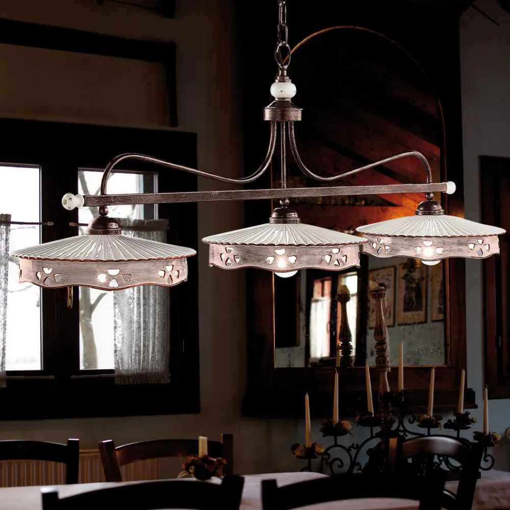 Ferroluce Pendelleuchten Vintage-Hängelampe 3 Lichter Vintage Keramik und handgefertigtes Eisen - Alessandria