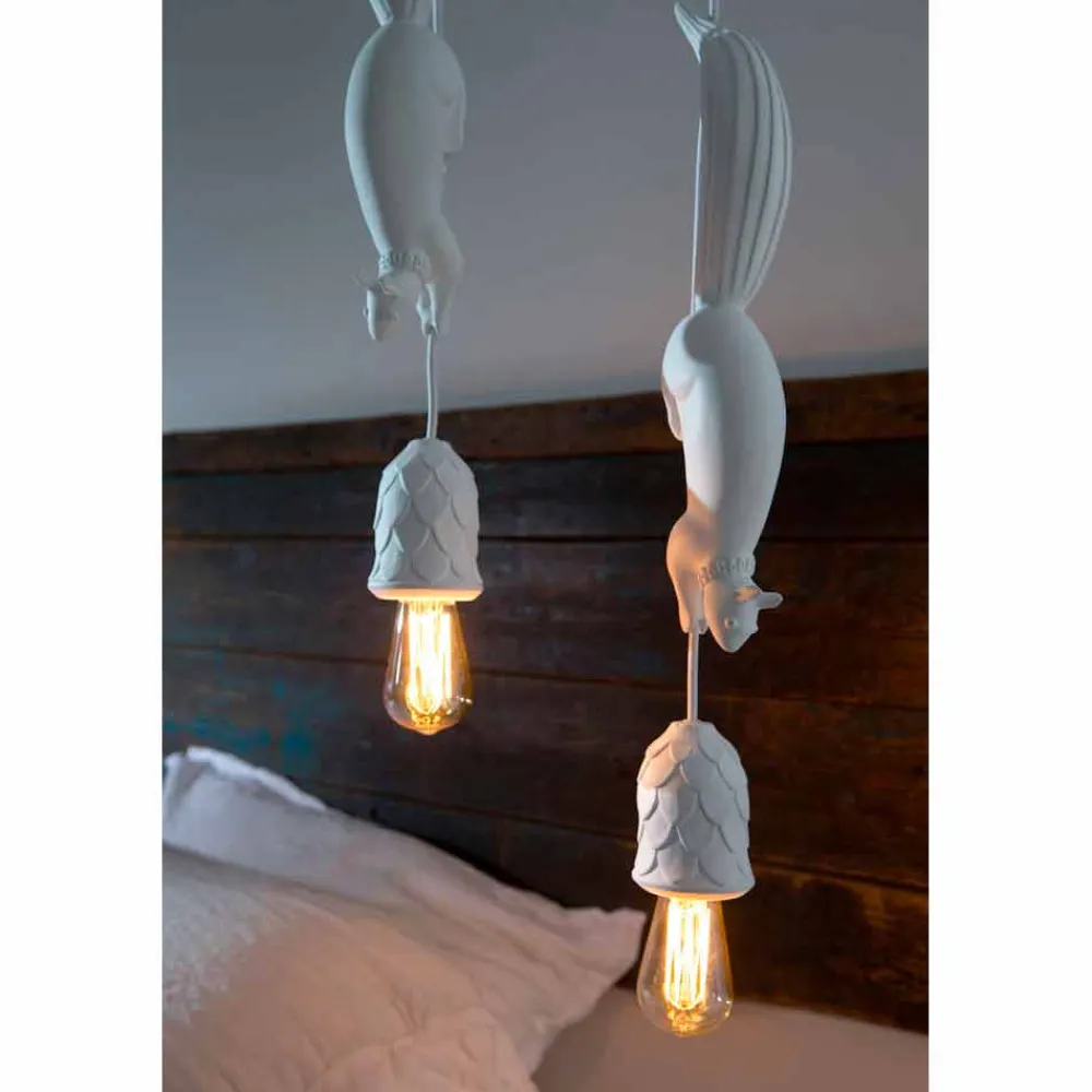 Viadurini Lighting Designer Pendelleuchten-Hängelampe aus mattweißer Keramik mit Eichhörnchen und Eichel - Eichhörnchen