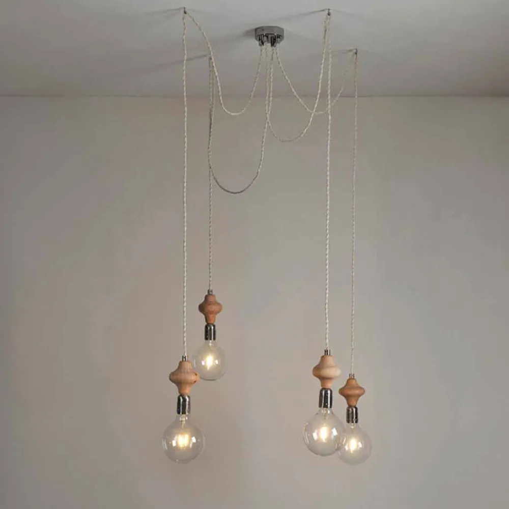 Viadurini by Sideform Vintage Kronleuchter-Hängeleuchte mit 4 Lichtern mit Holzelement Bois