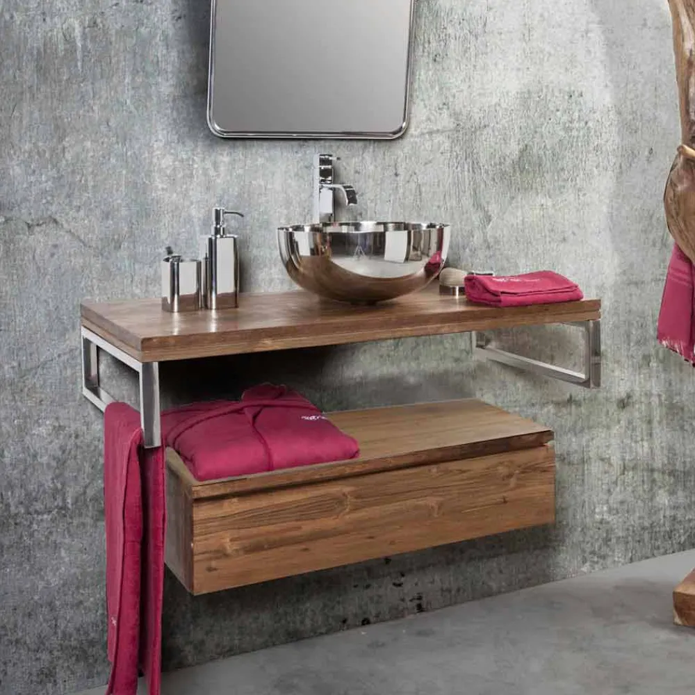 Viadurini Bathroom Badmöbel Hängend-Hängende Badezimmerkonsole mit Struktur aus natürlichem Teakholz - Rodolfo