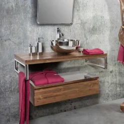 Viadurini Bathroom Badmöbel Hängend-Hängender Badezimmerschrank aus Teakholz mit Handtuchhalter aus Edelstahl - Saverno