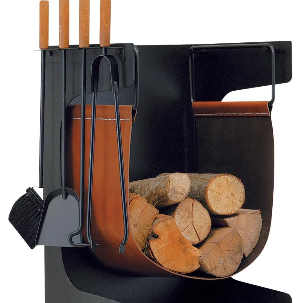Viadurini Fire Design Kaminholzständer Aus Leder Und Kunstleder-Holzhalter aus Kunstleder und Metall mit 4 Accessoires, hergestellt in Italien – Kamel