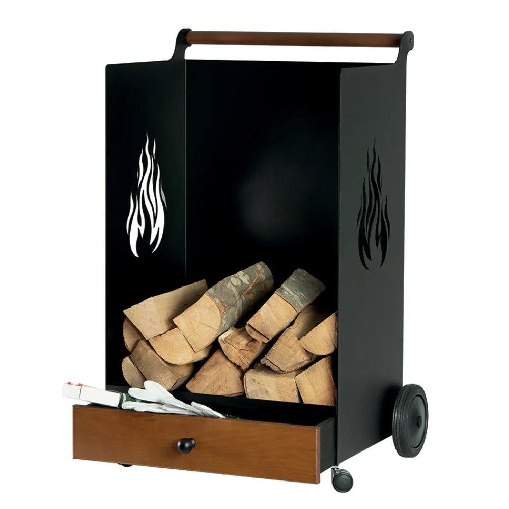 Viadurini Fire Design Kaminholzständer Aus Eisen Und Stahl-Holzwagen mit Schublade und Rädern, hergestellt in Italien – Alpaka
