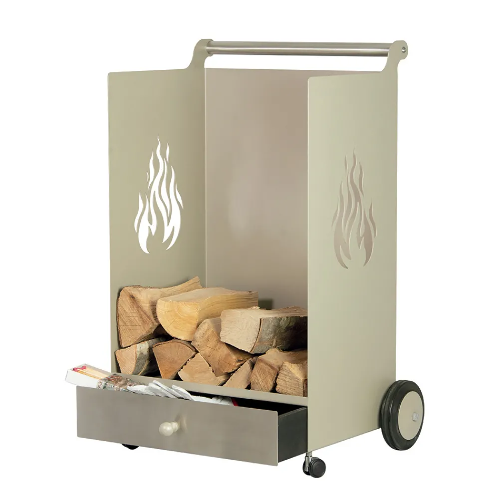 Viadurini Fire Design Kaminholzständer Aus Eisen Und Stahl-Holzwagen mit Schublade und Rädern, hergestellt in Italien – Alpaka