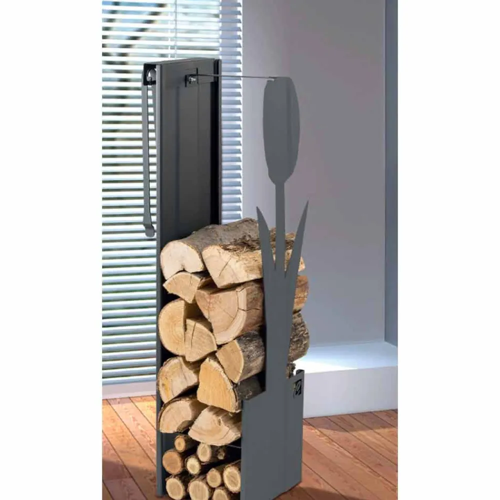 Viadurini Fire Design Kaminholzständer Aus Eisen Und Stahl-Interner schwarzer Holzhalter mit modernem Design und Werkzeugen - Maestrale3