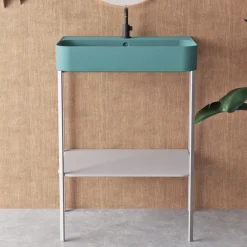 Viadurini Bathroom Keramikwaschbecken-Keramikwaschbecken mit bodenstehender Struktur und Ablage, hergestellt in Italien – Graffa