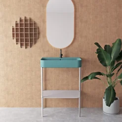 Viadurini Bathroom Keramikwaschbecken-Keramikwaschbecken mit bodenstehender Struktur und Ablage, hergestellt in Italien – Graffa