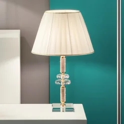 Viadurini Lighting Klassische Tischlampen-Klassische Tischlampe aus goldfarbenem Metall, Kristall und Schirm - Similo