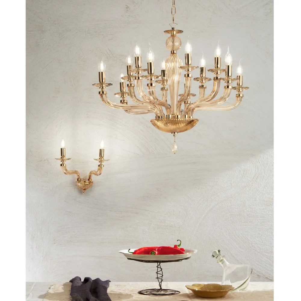 Viadurini Lighting Klassische Kronleuchter-Klassischer Kronleuchter mit 12 Lichtern aus handgefertigtem Rigaton-Glas - Fievole