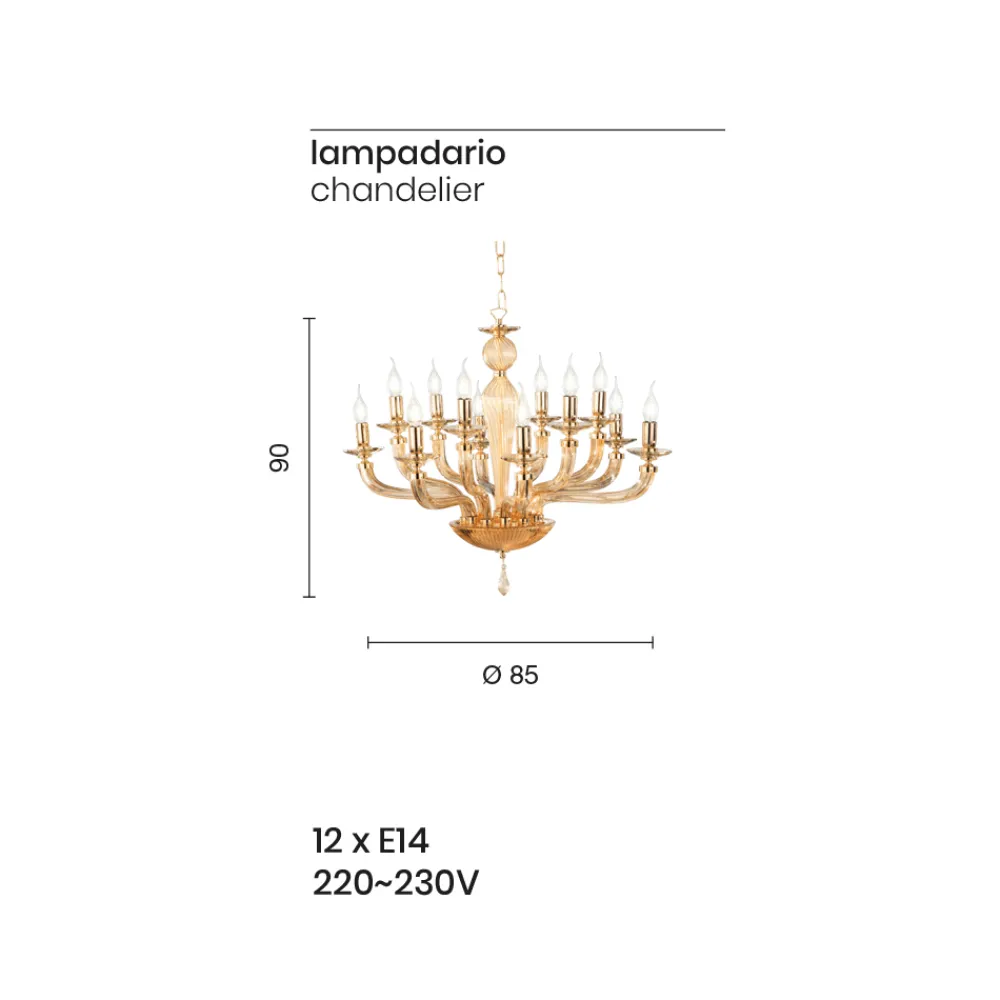 Viadurini Lighting Klassische Kronleuchter-Klassischer Kronleuchter mit 12 Lichtern aus handgefertigtem Rigaton-Glas - Fievole