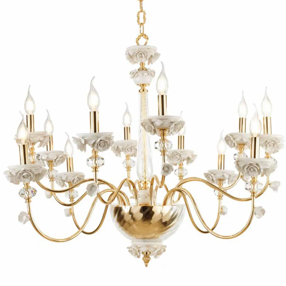 Viadurini Lighting Klassische Kronleuchter-Klassischer Kronleuchter mit 12 Lichtern aus Porzellan und luxuriösem mundgeblasenem Glas - Eteria