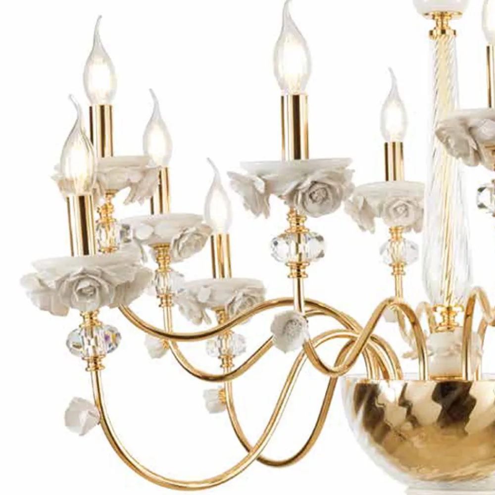Viadurini Lighting Klassische Kronleuchter-Klassischer Kronleuchter mit 12 Lichtern aus Porzellan und luxuriösem mundgeblasenem Glas - Eteria
