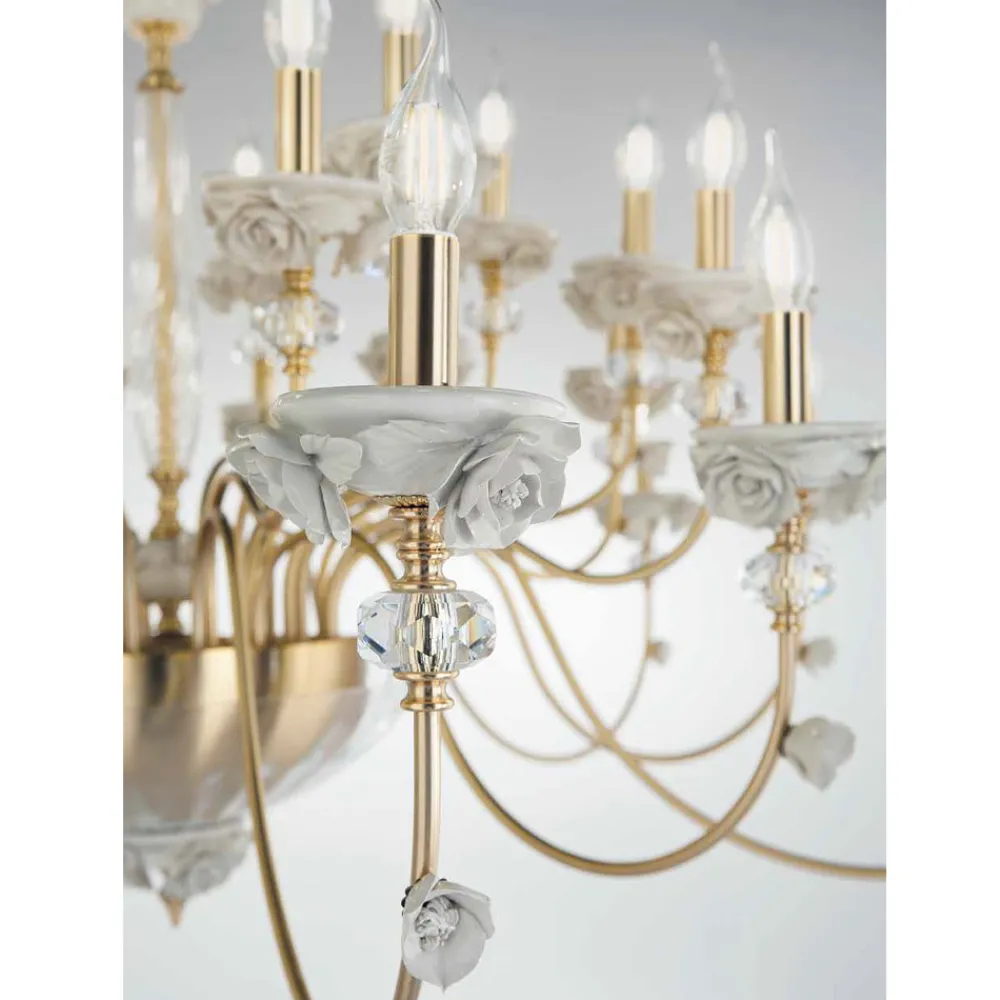 Viadurini Lighting Klassische Kronleuchter-Klassischer Kronleuchter mit 12 Lichtern aus Porzellan und luxuriösem mundgeblasenem Glas - Eteria