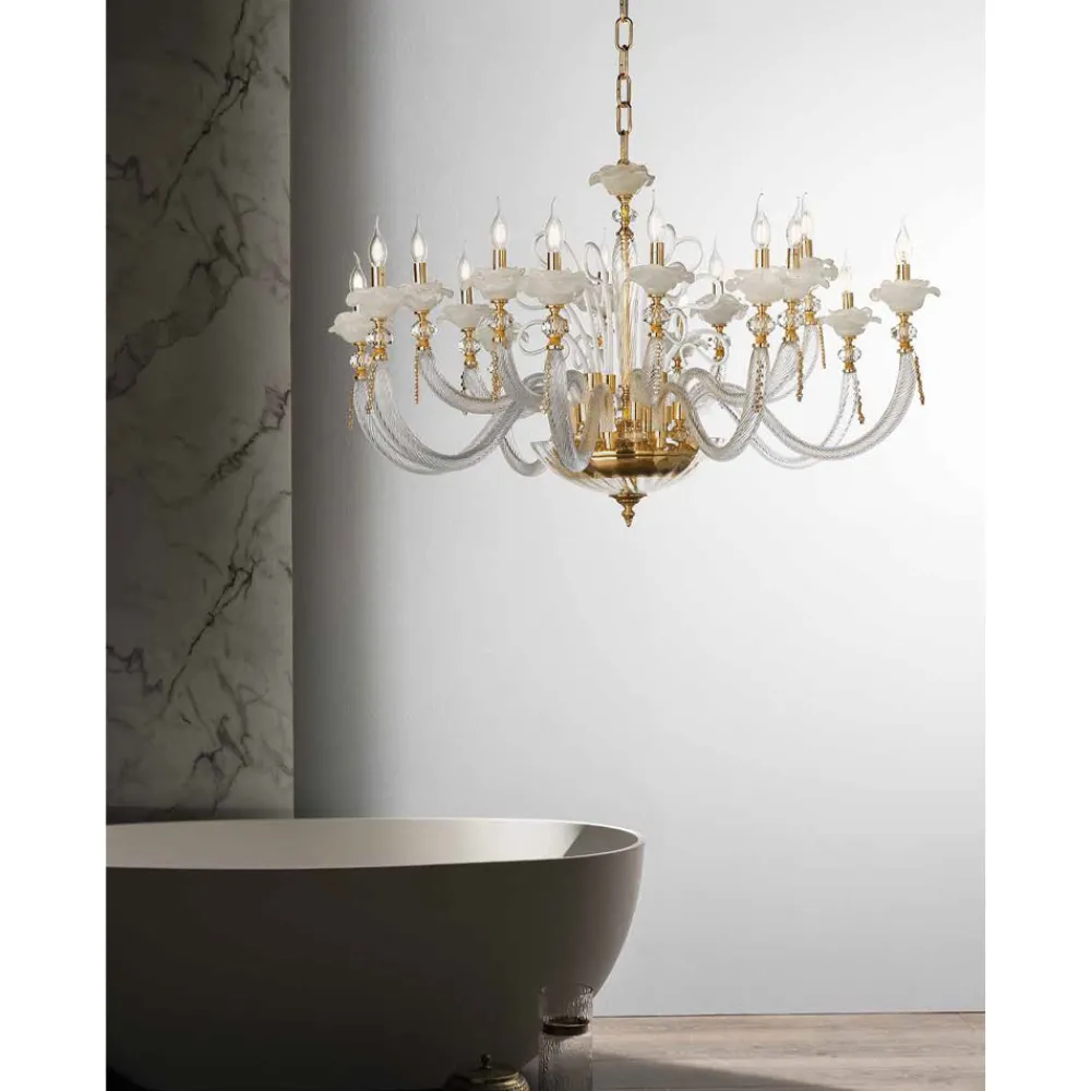 Viadurini Lighting Klassische Kronleuchter-Klassischer Kronleuchter 16 Lichter Geblasenes Glas Blumendetails - Bluminda