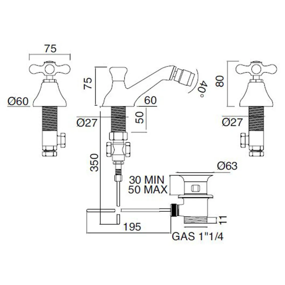 Viadurini Taps Bidetarmaturen-Klassischer 3-Loch-Bidethahn mit Messingablauf Made in Italy - Ercolina