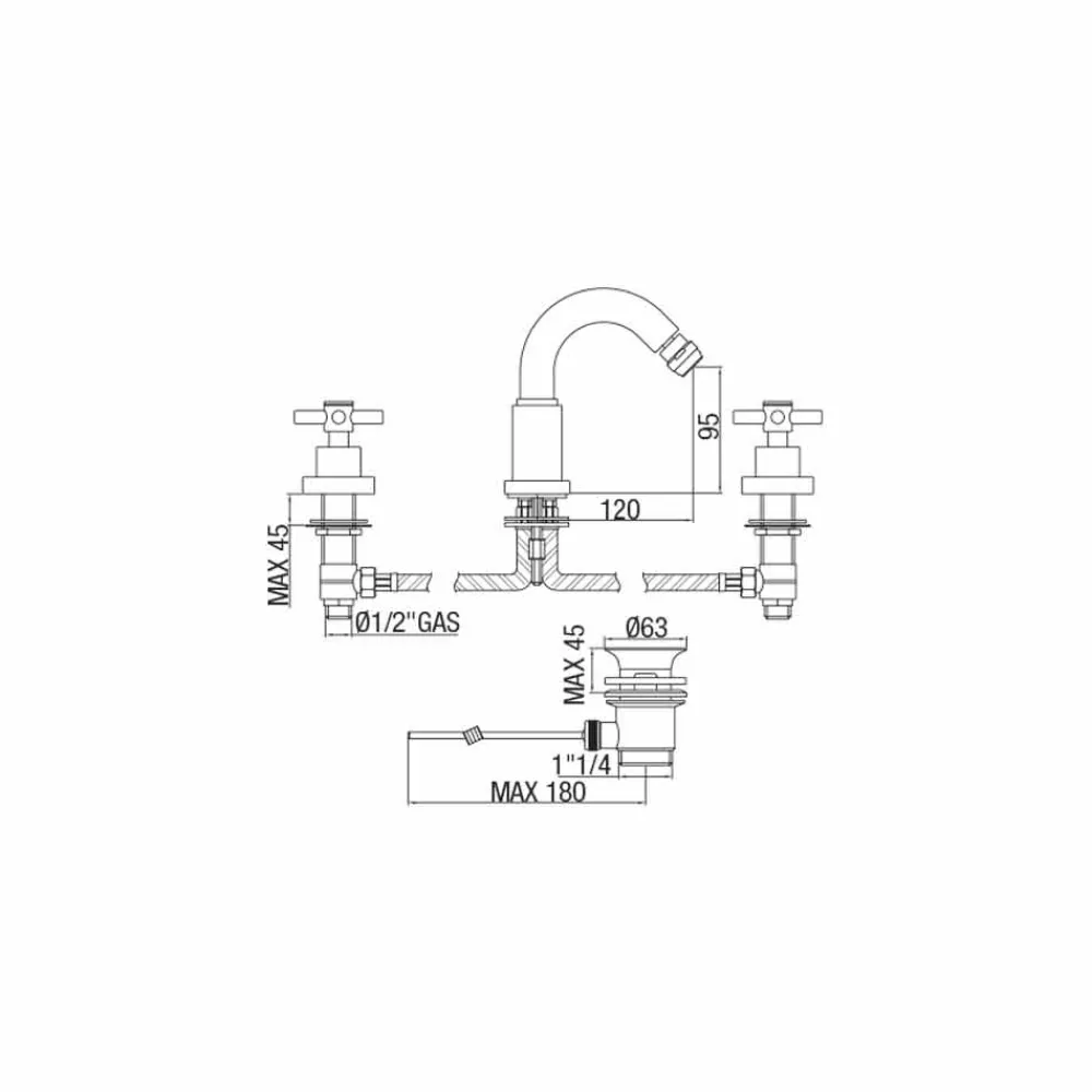 Viadurini Taps Bidetarmaturen-Klassischer 3-Loch-Mischer aus verchromtem Messing Made in Italy - Zumbo