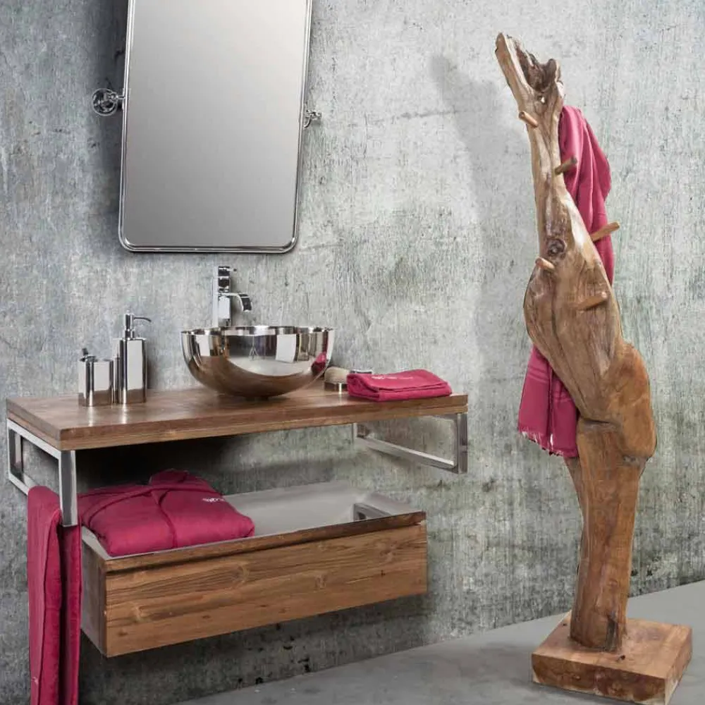 Viadurini Bathroom Garderobenständer|Badetuchhalter-Kleiderständer mit Struktur und Haken aus massivem Teakholz - Tanne