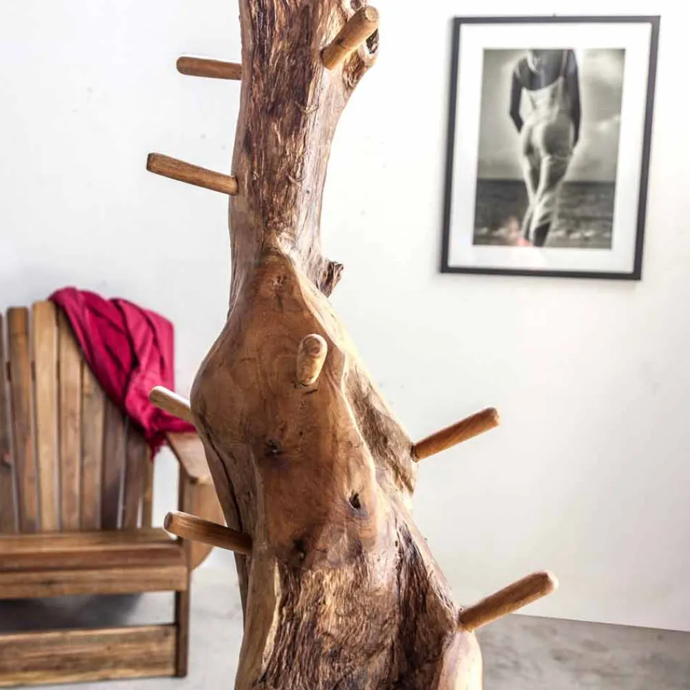 Viadurini Bathroom Garderobenständer|Badetuchhalter-Kleiderständer mit Struktur und Haken aus massivem Teakholz - Tanne