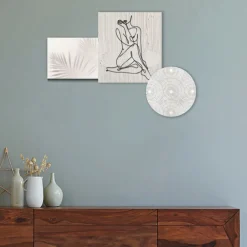 Viadurini Decor Abstrakte Bilder-Komposition aus 3 Tafeln mit der Stilisierung einer Frau, hergestellt in Italien – Kaori